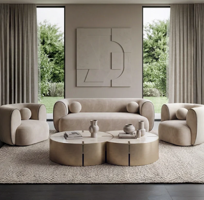 Aurelia Curved Sofa Set – Sand Bouclé Finish