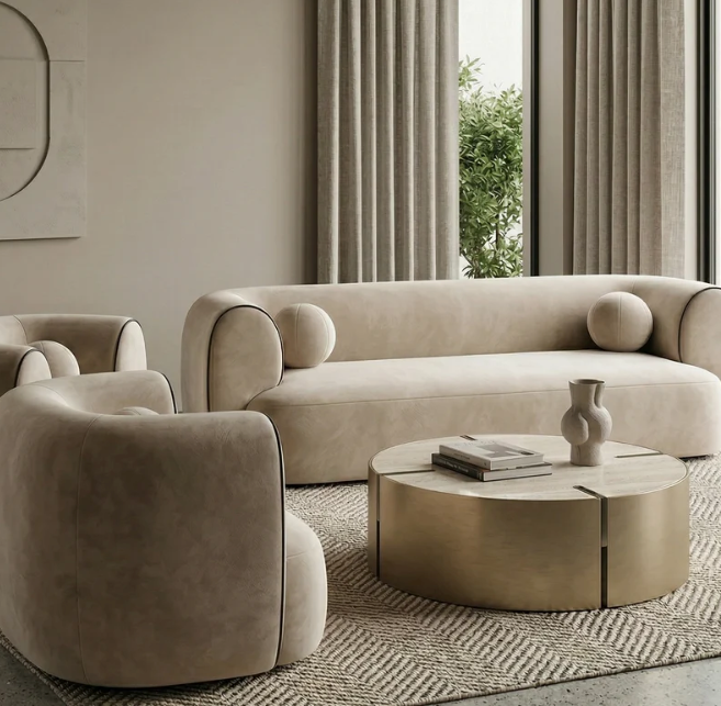 Aurelia Curved Sofa Set – Sand Bouclé Finish