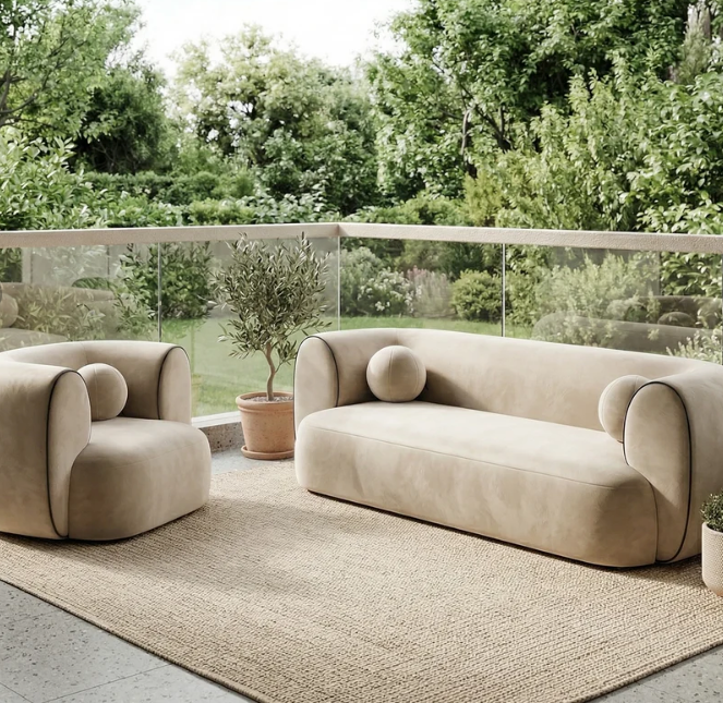 Aurelia Curved Sofa Set – Sand Bouclé Finish
