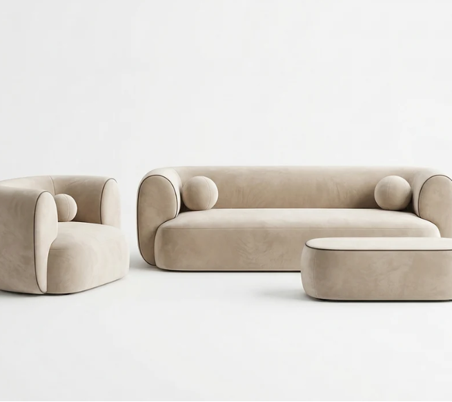 Aurelia Curved Sofa Set – Sand Bouclé Finish