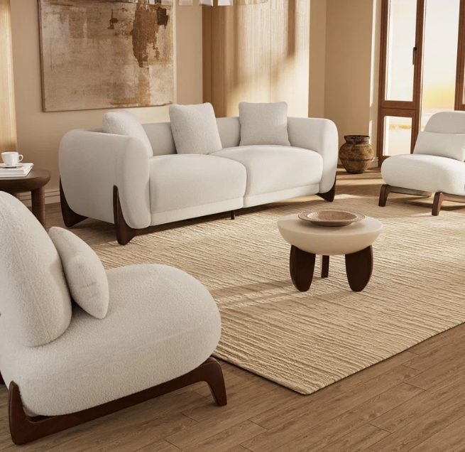 Emerald Luxe Bouclé Sofa Set with Acacia Wood Base