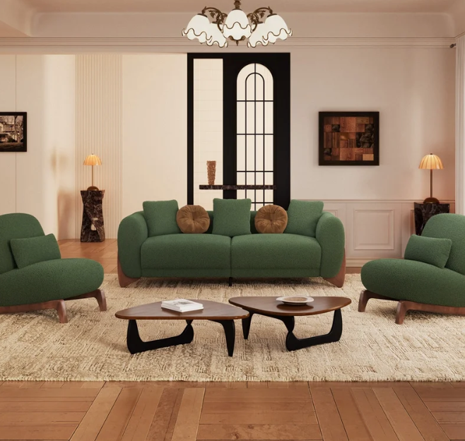 Emerald Luxe Bouclé Sofa Set with Acacia Wood Base