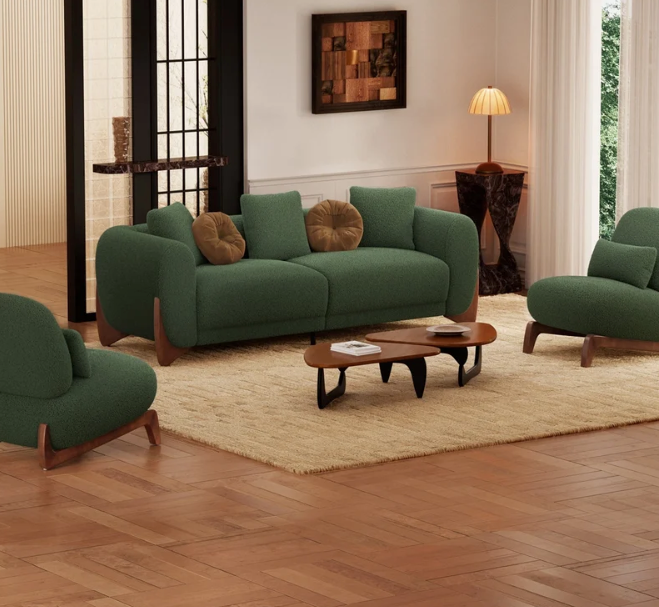 Emerald Luxe Bouclé Sofa Set with Acacia Wood Base