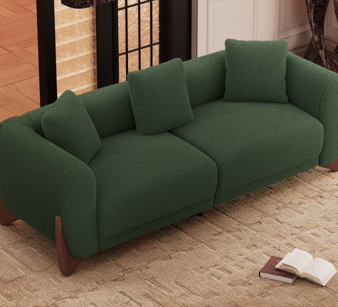 Emerald Luxe Bouclé Sofa Set with Acacia Wood Base
