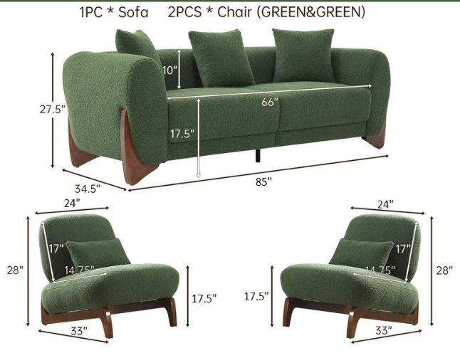Emerald Luxe Bouclé Sofa Set with Acacia Wood Base