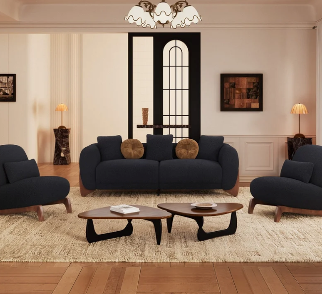 Emerald Luxe Bouclé Sofa Set with Acacia Wood Base