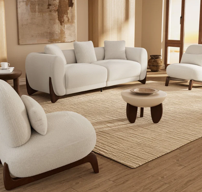 Emerald Luxe Bouclé Sofa Set with Acacia Wood Base