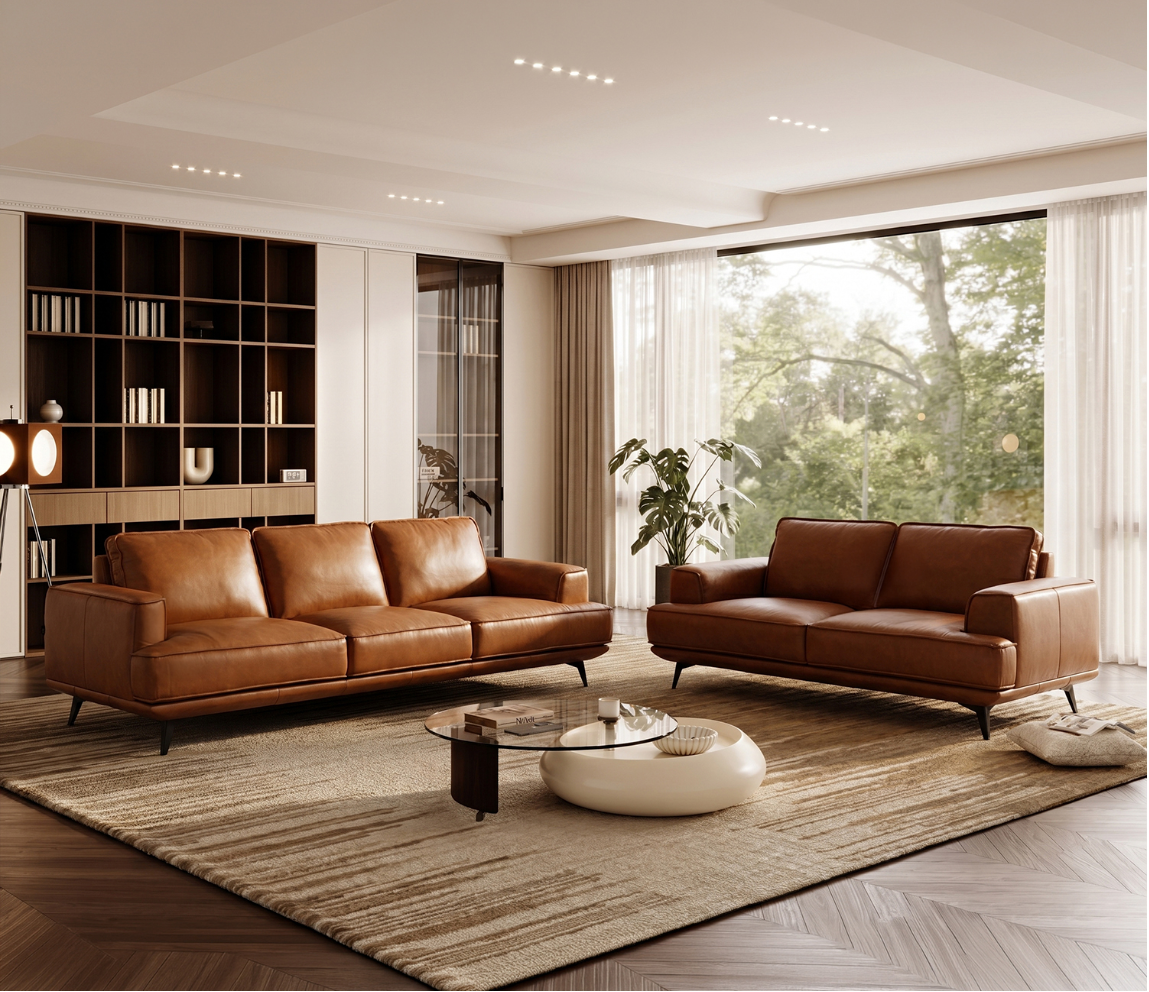 Cavero 3+2 Seater Italian Genuine Leather Sofa Set – Cognac Tan