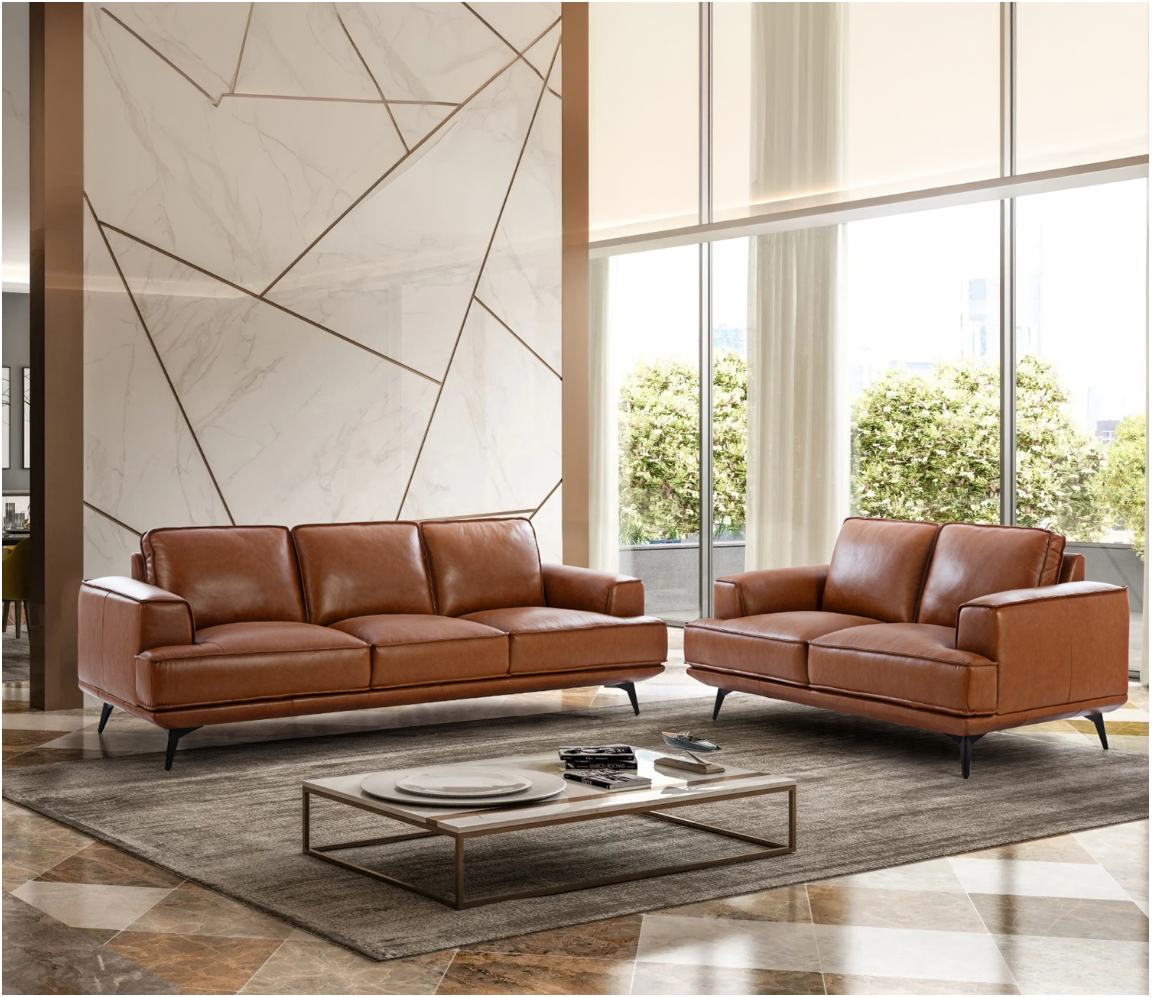 Cavero 3+2 Seater Italian Genuine Leather Sofa Set – Cognac Tan