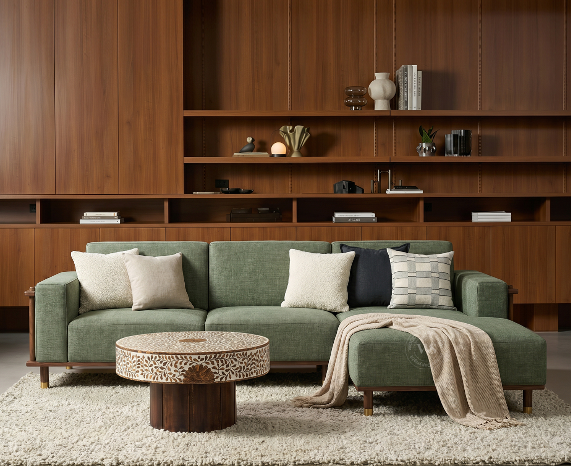 Caspian Ash Wood Right-Aligned L-Shape Sofa with Cane & Brass Accents – Sage Green