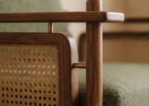 Caspian Ash Wood Right-Aligned L-Shape Sofa with Cane & Brass Accents – Sage Green