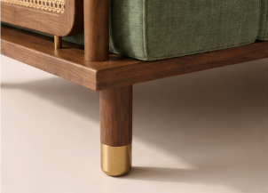Caspian Ash Wood Right-Aligned L-Shape Sofa with Cane & Brass Accents – Sage Green