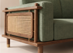 Caspian Ash Wood Right-Aligned L-Shape Sofa with Cane & Brass Accents – Sage Green
