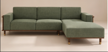 Caspian Ash Wood Right-Aligned L-Shape Sofa with Cane & Brass Accents – Sage Green