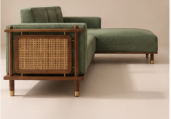 Caspian Ash Wood Right-Aligned L-Shape Sofa with Cane & Brass Accents – Sage Green