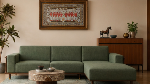 Caspian Ash Wood Right-Aligned L-Shape Sofa with Cane & Brass Accents – Sage Green