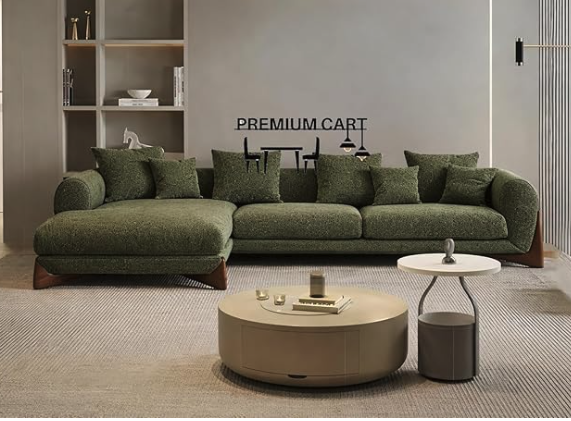 Arden L-Shaped Sectional Sofa with Chaise, Green Boucle Upholstery & Wooden Base, Right-Hand Facing