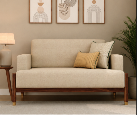 Kairav Modern 2-Seater Sheesham Wood Sofa – Ivory