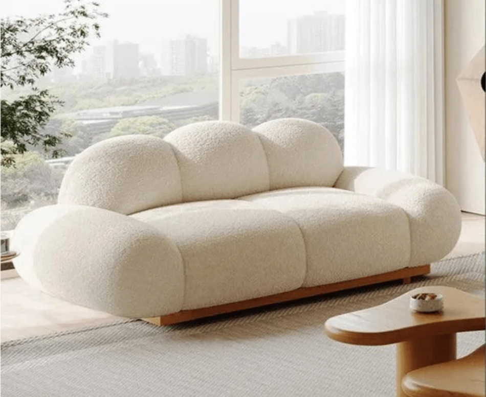 Wooden Twist Pumpkin Design 3-Seater Bouclé Chaise Lounge Sofa – Beige