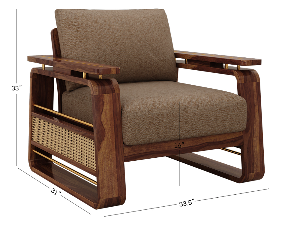 Veda 3+1+1 Sheesham Wood Cane Sofa Set with Brass Detailing, Sand Brown