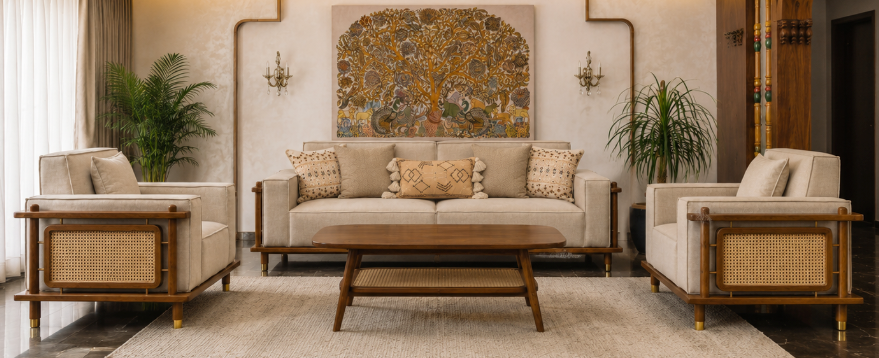 Alder 3+1+1 Seater Ash Wood Cane Sofa Set, Sand Beige