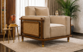 Alder 3+1+1 Seater Ash Wood Cane Sofa Set, Sand Beige