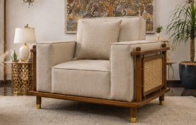 Alder 3+1+1 Seater Ash Wood Cane Sofa Set, Sand Beige