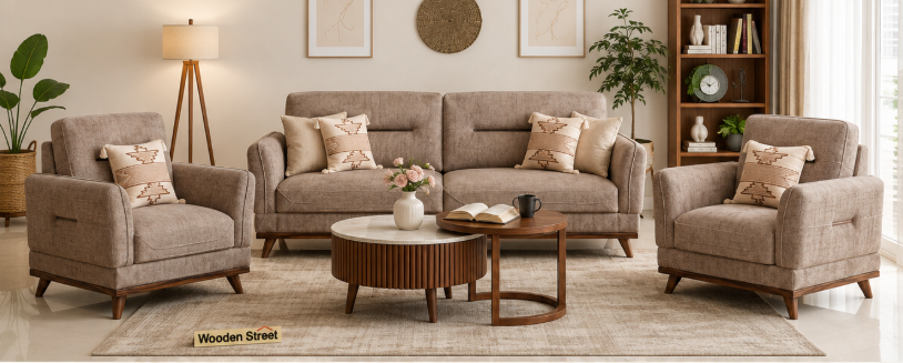 Alton 3+1+1 Seater Fabric Sofa with Wooden Accents, Sand Brown