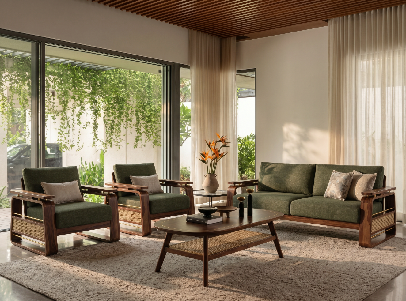 Veyron 3+1+1 Teak Wood Sofa Set with Cane Accents, Teak Finish, Sage Green