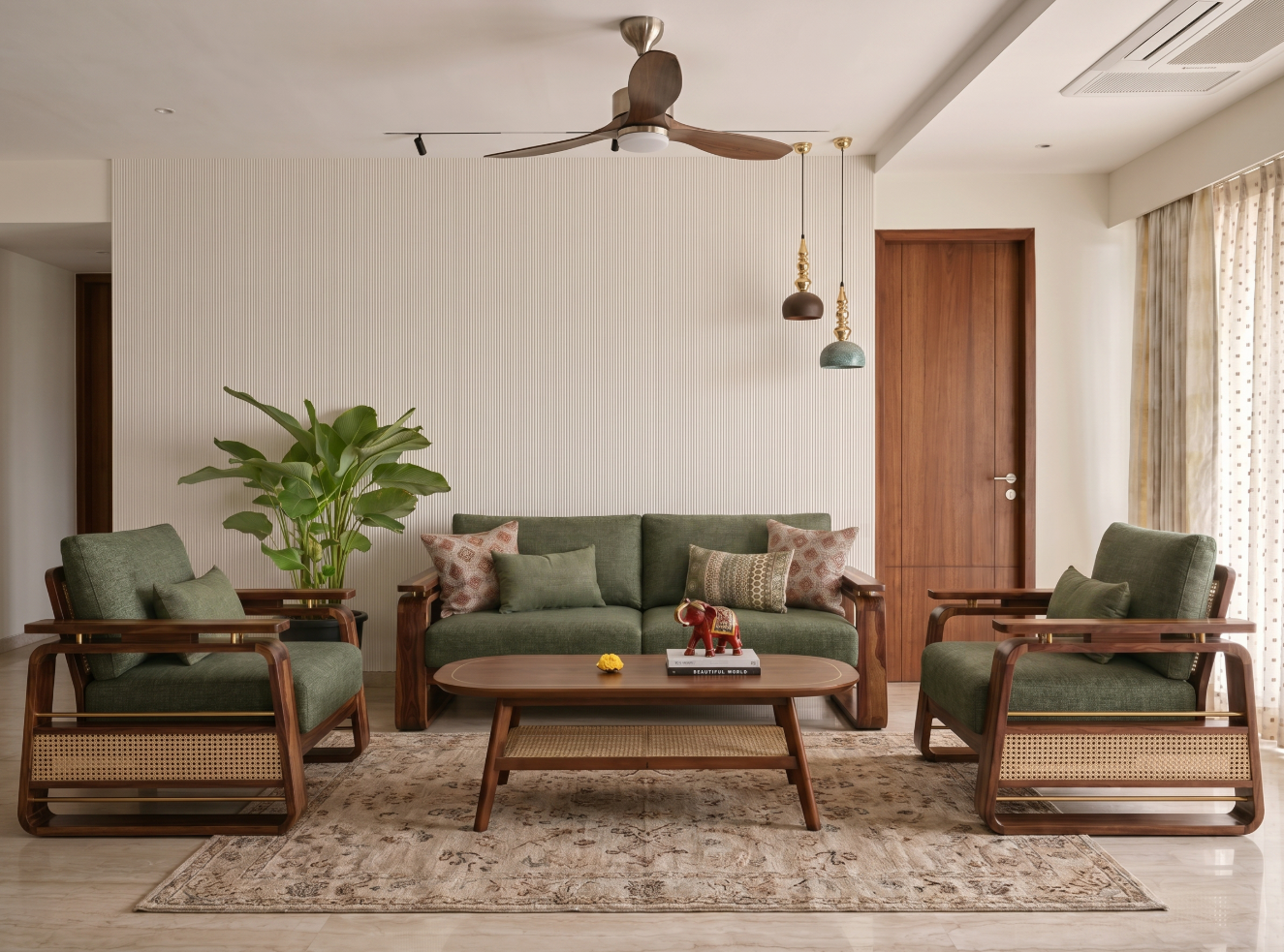 Veyron 3+1+1 Teak Wood Sofa Set with Cane Accents, Teak Finish, Sage Green
