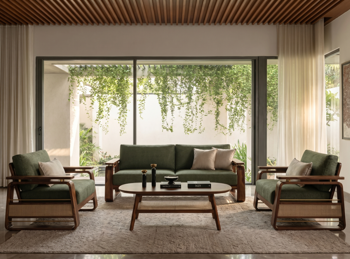 Veyron 3+1+1 Teak Wood Sofa Set with Cane Accents, Teak Finish, Sage Green
