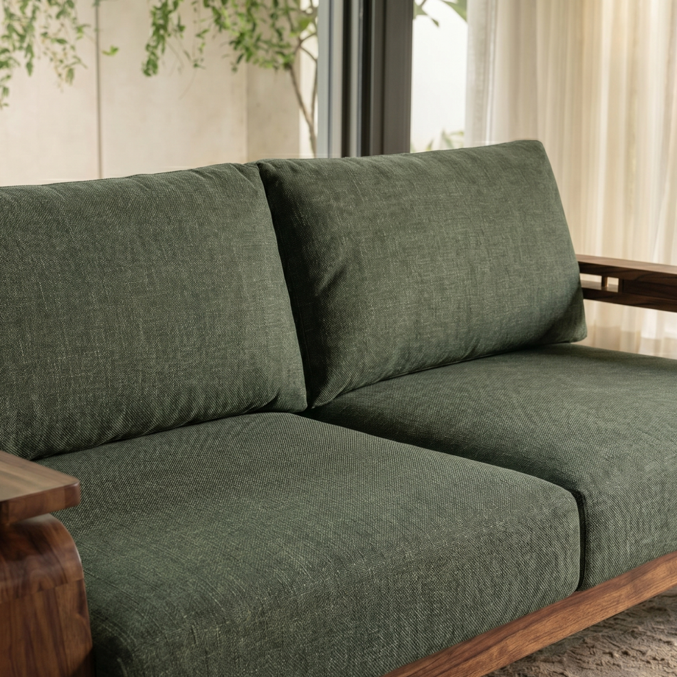 Veyron 3+1+1 Teak Wood Sofa Set with Cane Accents, Teak Finish, Sage Green