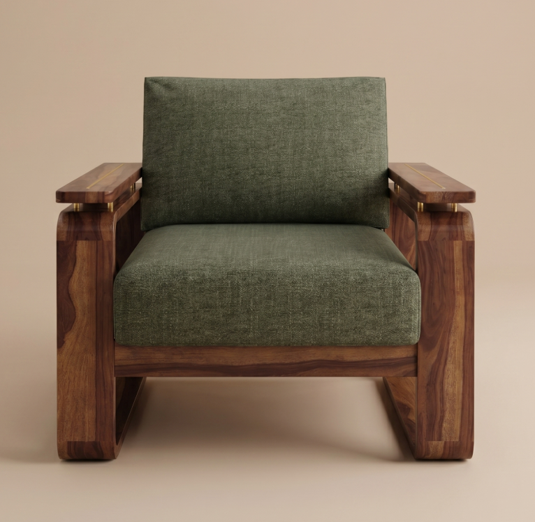 Veyron 3+1+1 Teak Wood Sofa Set with Cane Accents, Teak Finish, Sage Green