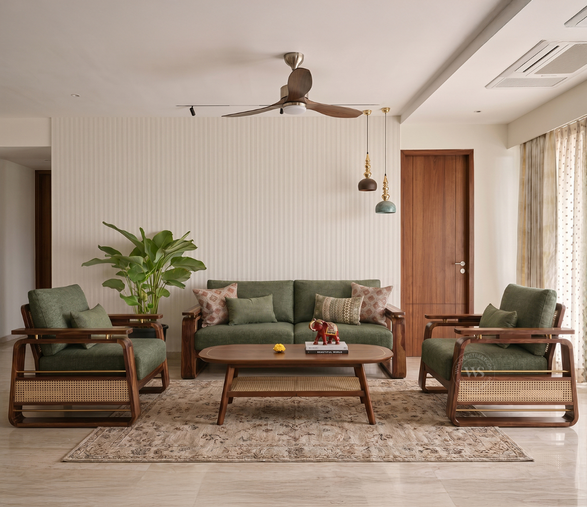 Veyron 3+1+1 Teak Wood Sofa Set with Cane Accents, Teak Finish, Sage Green