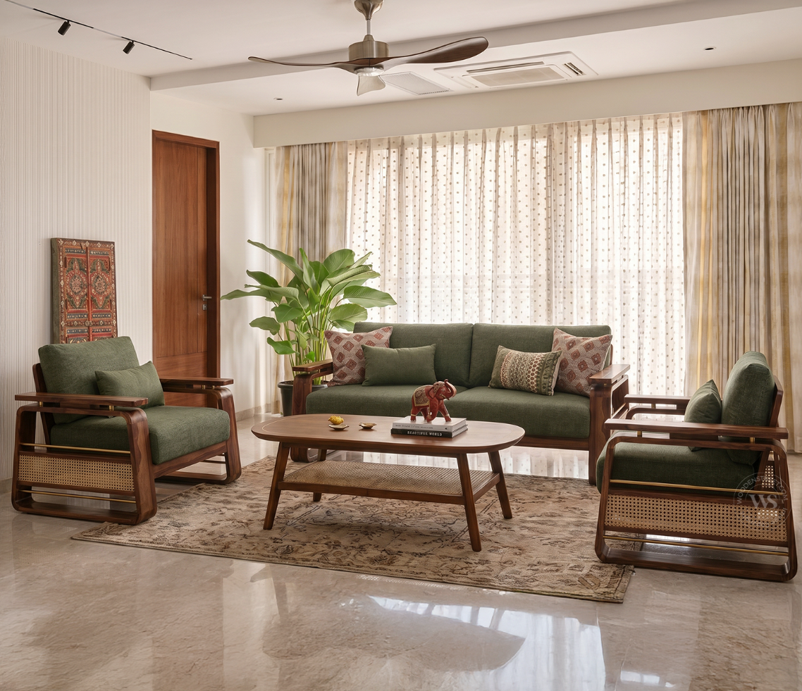 Veyron 3+1+1 Teak Wood Sofa Set with Cane Accents, Teak Finish, Sage Green
