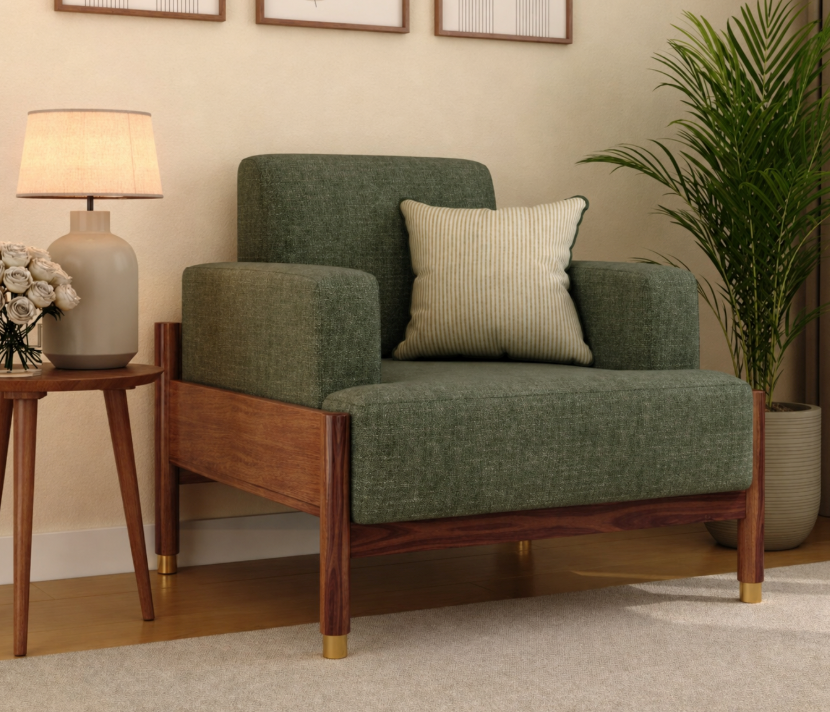 Aarvik Modern 3+1+1 Wooden Sofa Set, Sage Green