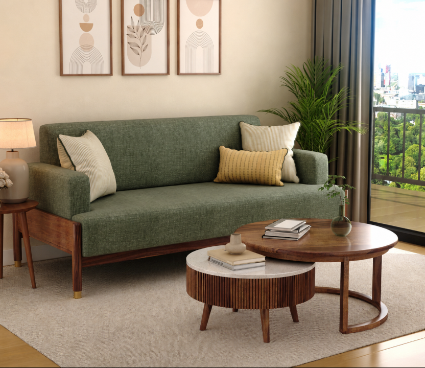 Aarvik Modern 3+1+1 Wooden Sofa Set, Sage Green