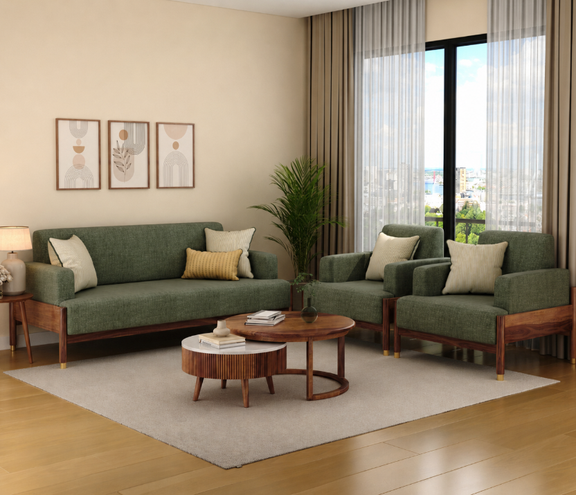 Aarvik Modern 3+1+1 Wooden Sofa Set, Sage Green