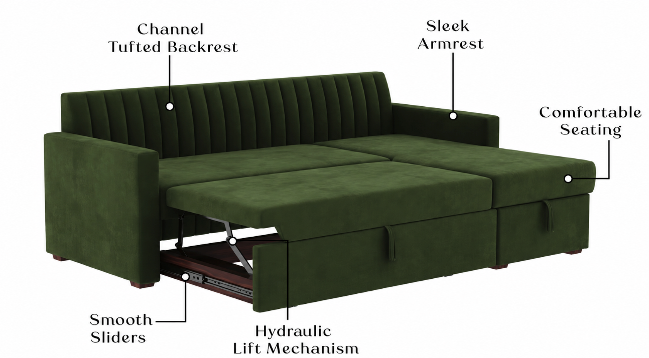 Evereto Velvet Sofa Cum Bed with Storage