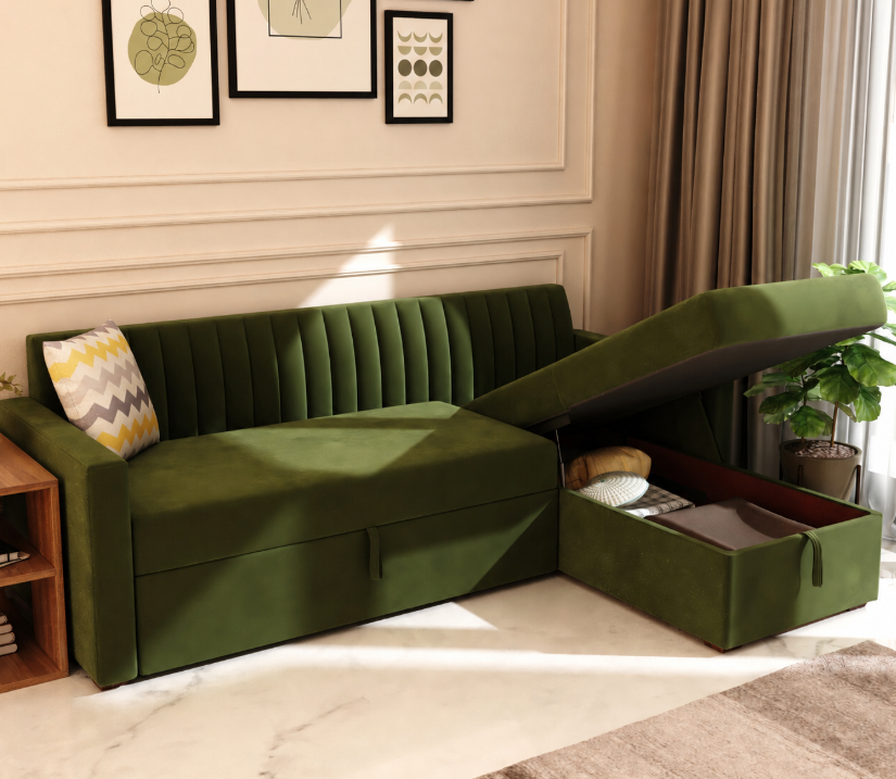 Evereto Velvet Sofa Cum Bed with Storage