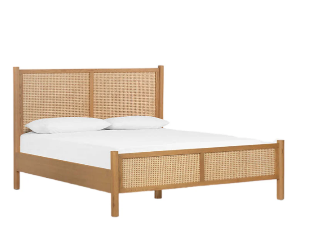 Nordic White Oak Bed with Woven Rattan Headboard