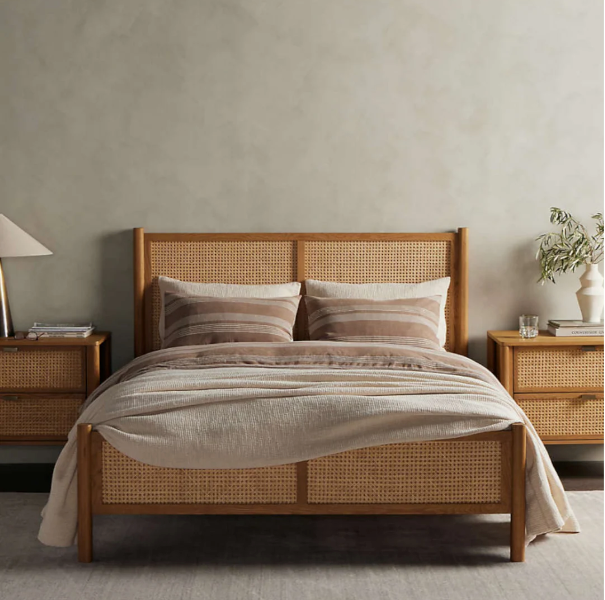 Nordic White Oak Bed with Woven Rattan Headboard