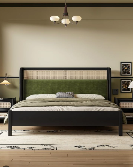 Marlow Black Cane Upholstered Bed