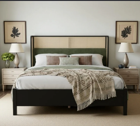 Marlow Black Cane Upholstered Bed