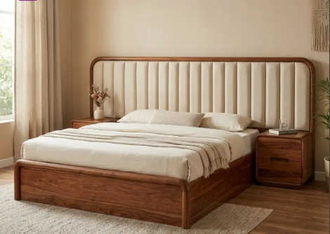 Arden Sheesham Wood Bed with Upholstered Headboard