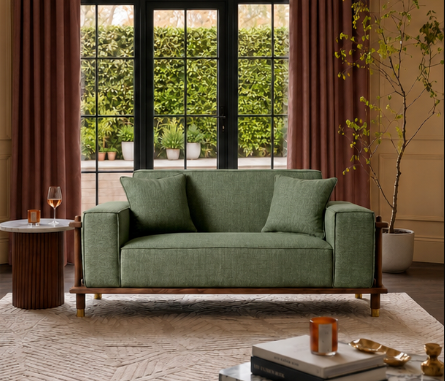 Sagewood 2 Seater Ash Wood Cane Sofa, Sage Green