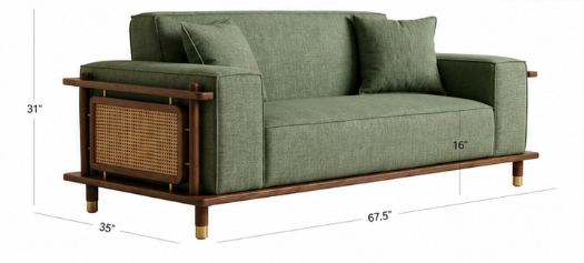 Sagewood 2 Seater Ash Wood Cane Sofa, Sage Green