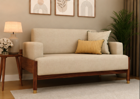 Kairav Modern 2-Seater Sheesham Wood Sofa – Ivory