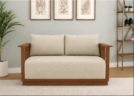 Varnik Modern 2-Seater Ash Wood Sofa with Cane Accents – Ivory