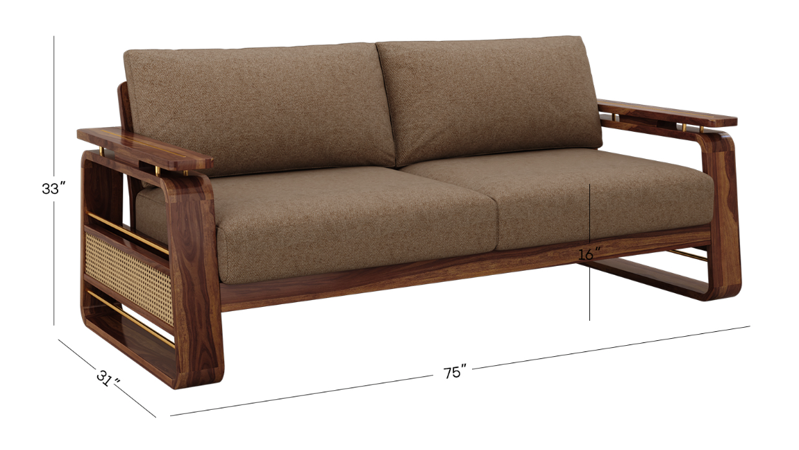 Veda 3+1+1 Sheesham Wood Cane Sofa Set with Brass Detailing, Sand Brown